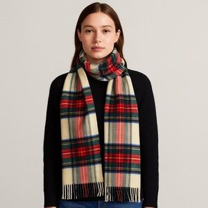Johnstons of Elgin Plaid Cashmere Scarf in Red, Blue, and Cream